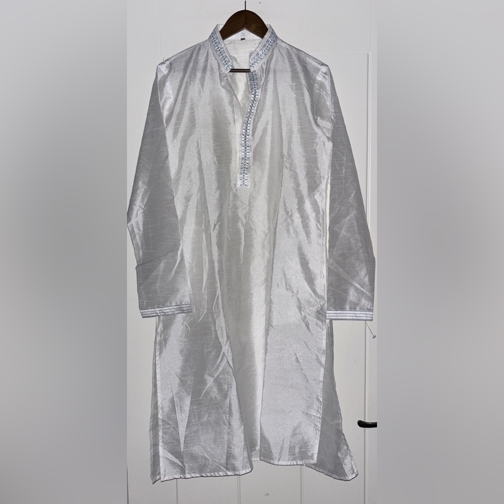 Kurta Traditional For Indian Men 38 Mandarin‎ Collar White Silk Embroidered